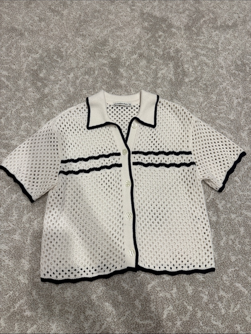 Abercrombie & Fitch Cream Open-Knit Short-Sleeve Cardigan with Black Trim